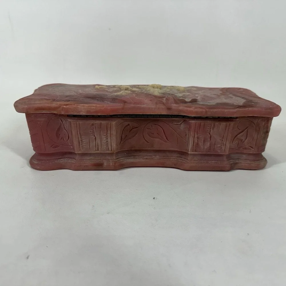 Vintage Genuine Pink Incolay Stone Handcrafted  Venus at Repose Jewelry Box